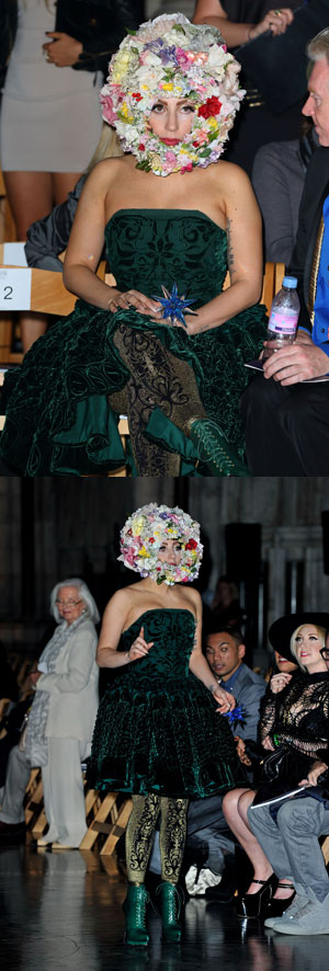Lady Gaga is appropriately dressed in a giant floral headpiece on the FROW at Philip Treacy SS13