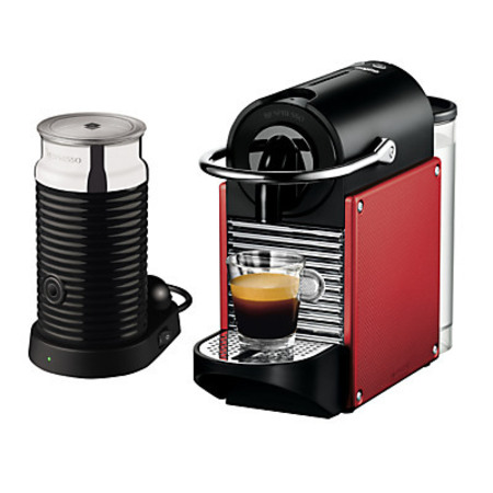 Nespresso Pixie Carmin Coffee Maker and Aeroccino by Magimix