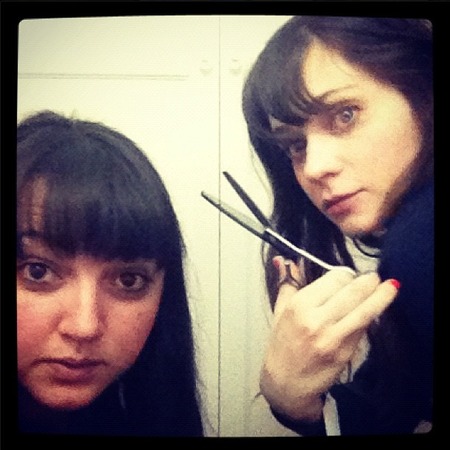 Zooey Deschanel gives lessons in at-home fringe trimming...