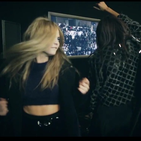 Cara Delevingne and Jourdan Dunn backstage at Topshop Unique AW13 LFW