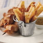 Chicken skewers, black pepper dip & chips recipe