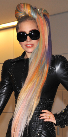 Lady Gaga leather dress at airport - rainbow hair extensions - celebrity bright hair - handbag.com