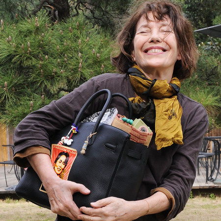 Jane Birkin with Hermes Birkin handbag