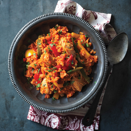 Jollof Rice with chicken thighs, ginger, garlic and chilli