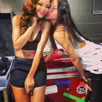 Rihanna works hot pink backstage beauty with Adriana Lima
