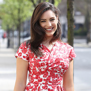 Kelly Brook in red floral dress on way to Celebrity Juice