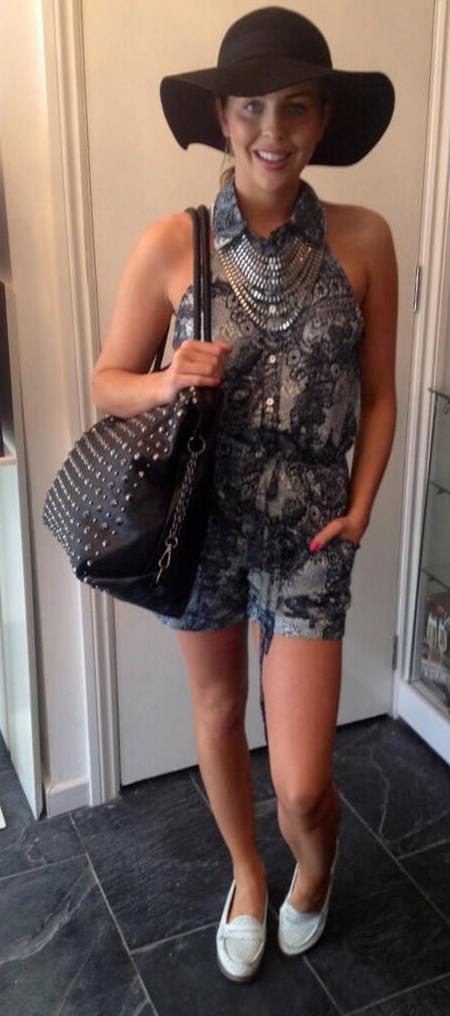 Lydia Bright with Bella Sorella playsuit and studded bag
