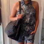 Lydia Bright with Bella Sorella playsuit and studded bag