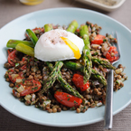 Warm British Asparagus & Lentil Salad with Poached Eggs
