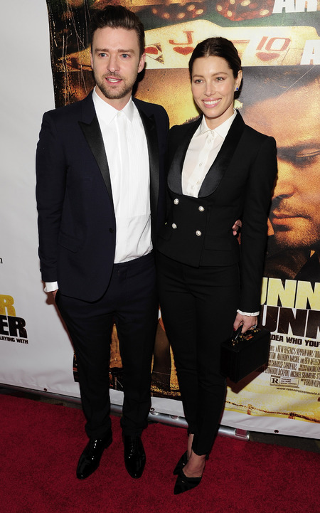 Justin Timberlake and Jessica Biel in matching suits at Runner Runner premiere