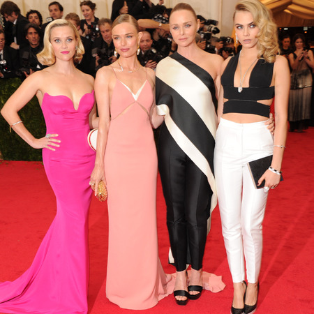 stella mccartney-cara delevingne-kate bosworth-reese witherspoon-met gala 2014-charles james-white trousers-pink dress-curly hair-red carpet- handbag.com