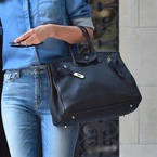 miranda kerr does double denim with her hermes birkin bag - shopping bag - handbag